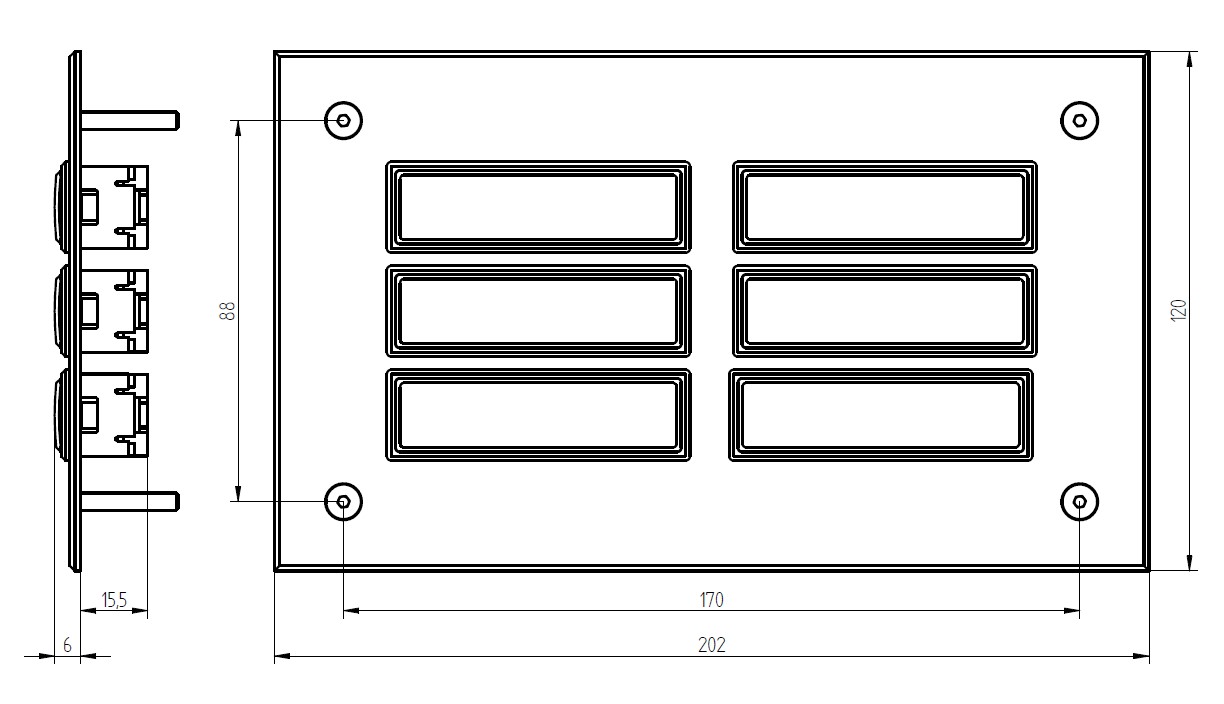 Etagenplatte mit sechs Namensfeldern und Tastern, silber eloxiertes Aluminium, rechteckig, Frontalansicht.