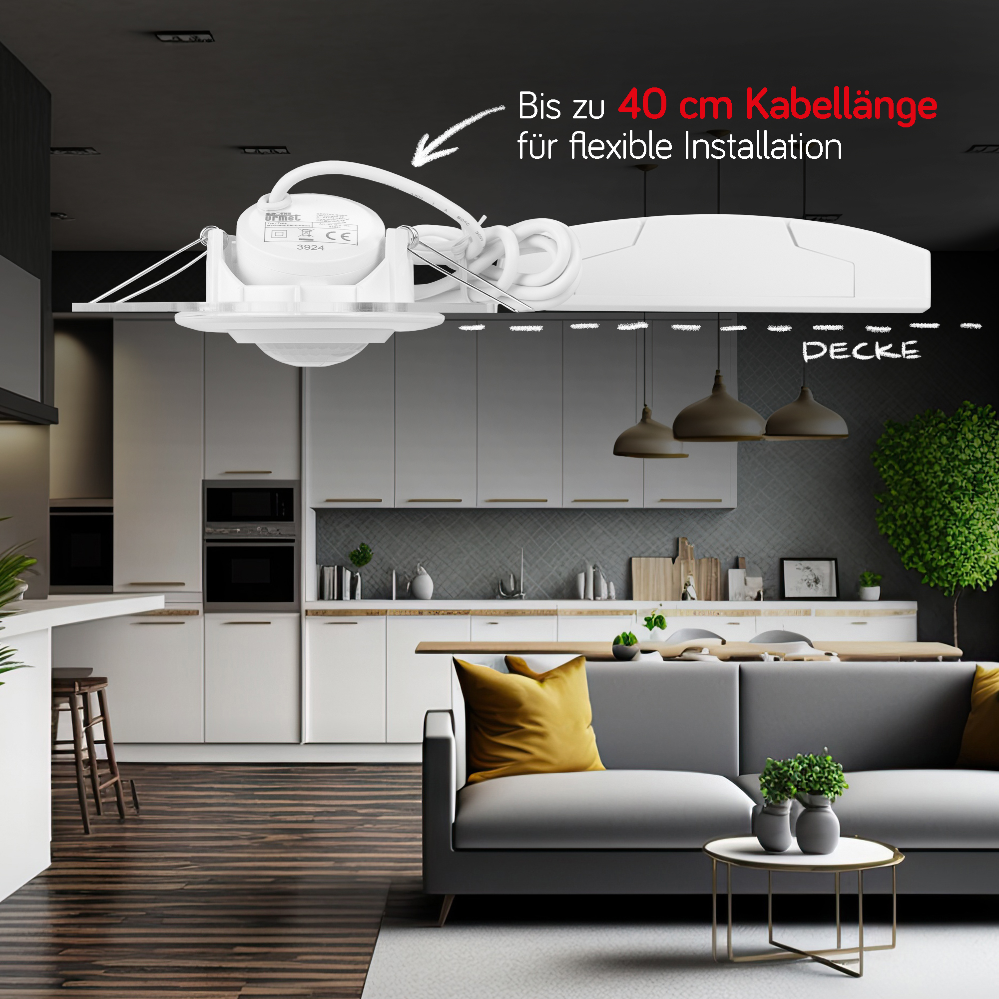 Wohnbereich mit Darstellung des Bewegungsmelders als Deckeneinbau in groß mit Schrift "Bis zu 40 cm Kabellänge für flexible Installation"