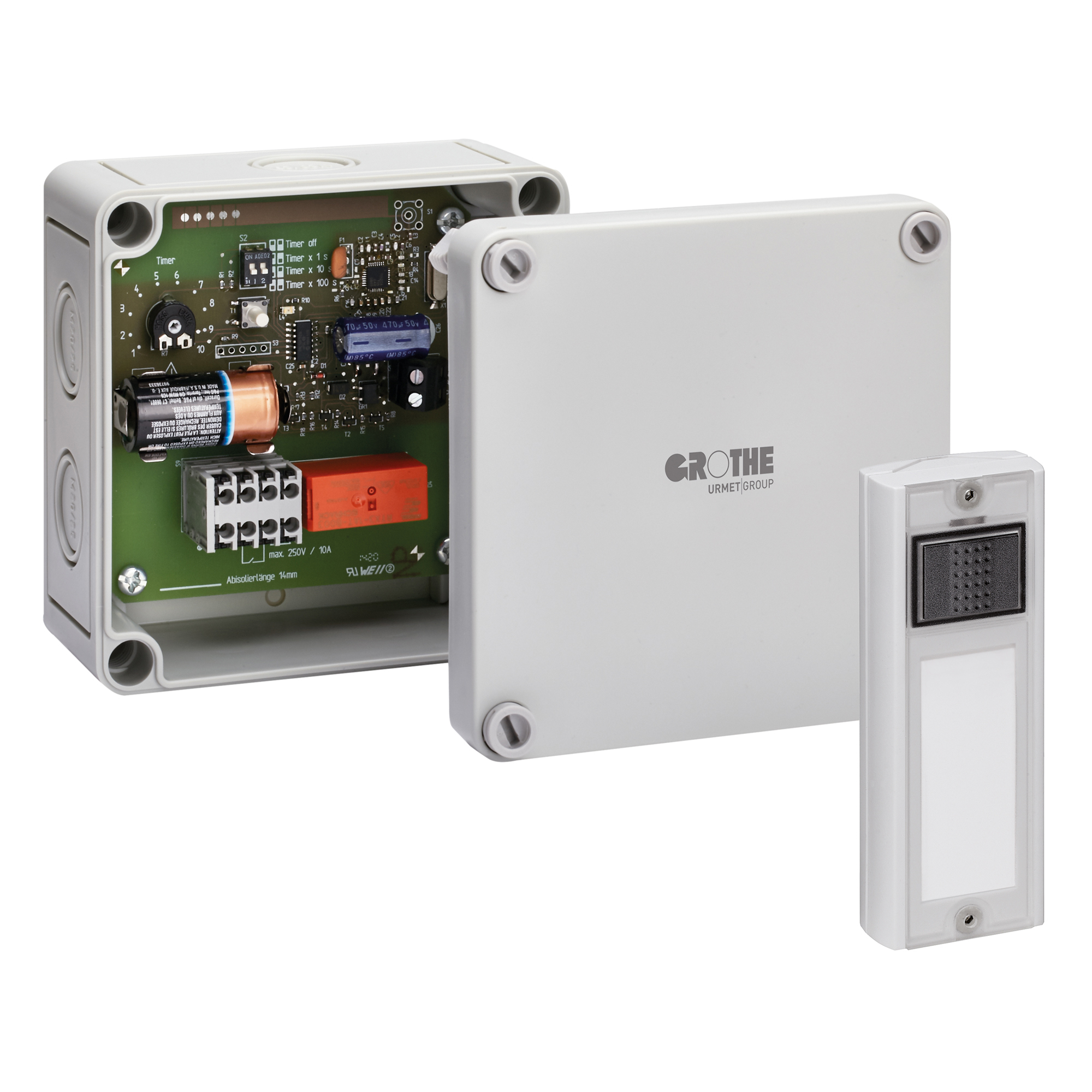 Relaisbox mit geöffneter Abdeckung und zugehörigem Funktaster, schräge Frontansicht auf Elektronik und Gehäuse.
