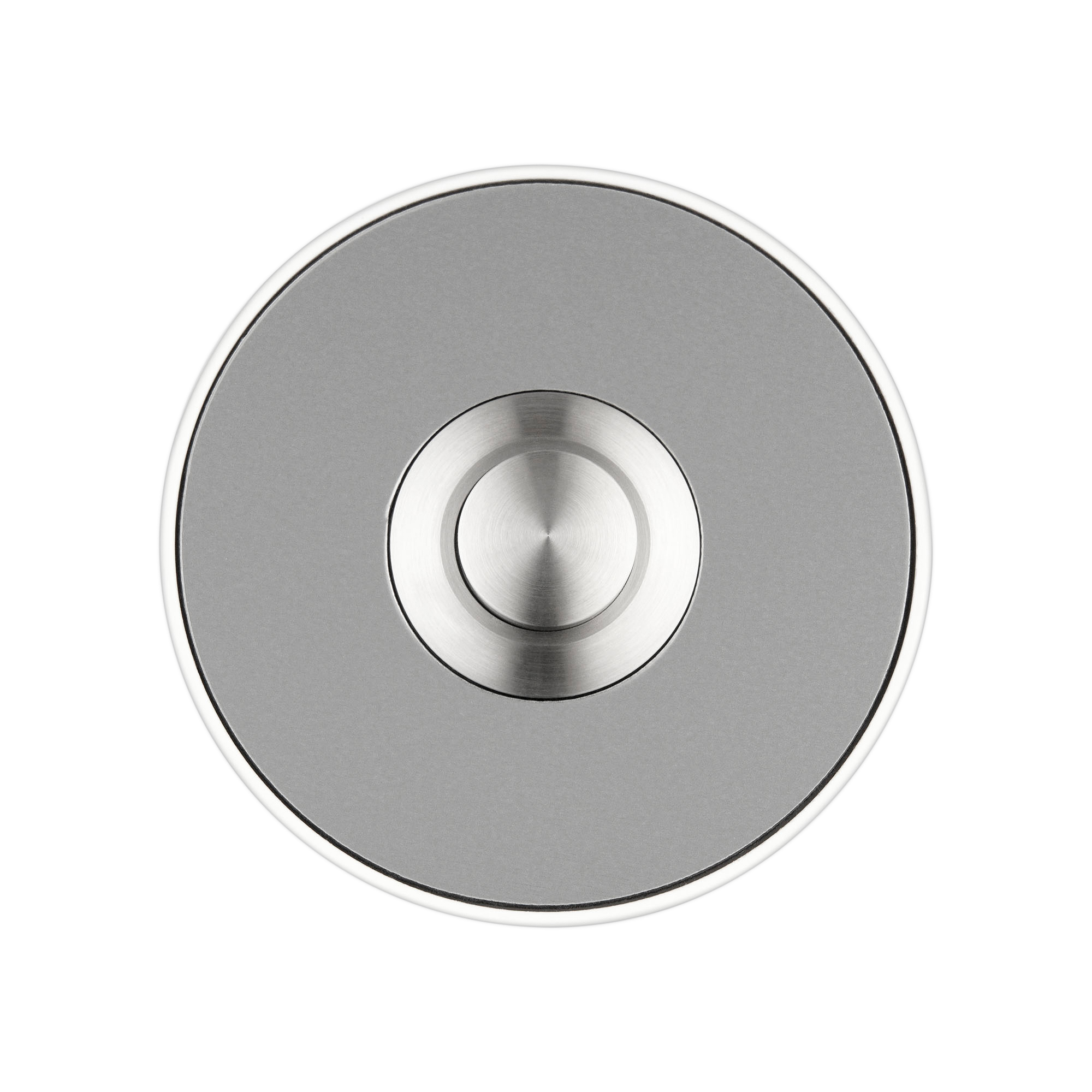 Runde Klingelplatte mit silber matter Oberfläche, mittigem Edelstahl-Drucktaster, weißer Rahmen, Frontansicht.