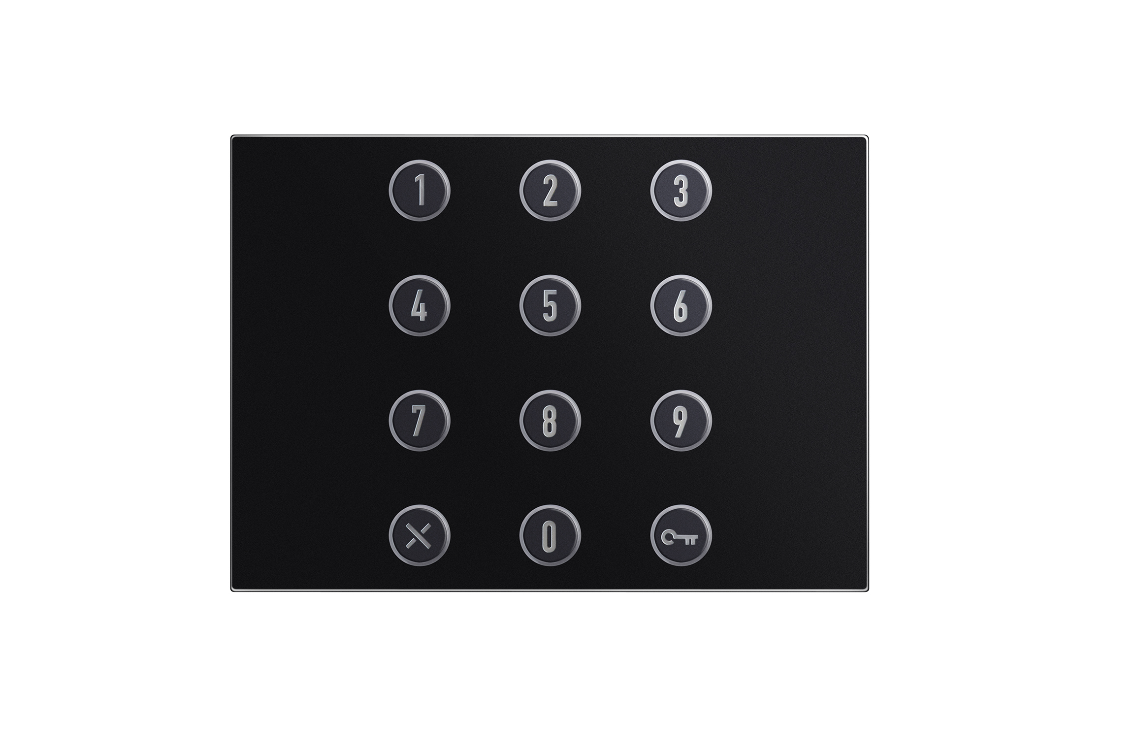 Schwarzes Tastenfeld-Modul mit beleuchtetem Ziffernblock 0–9, Symboltaste mit X links unten und Schlüsselsymbol rechts unten.