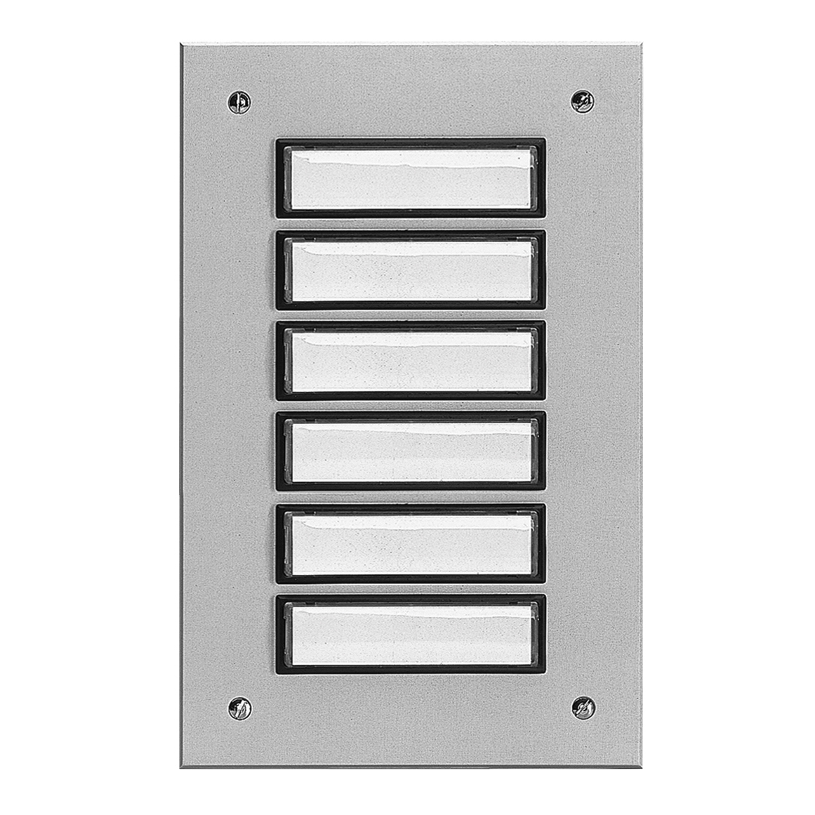 Rechteckige Etagenplatte mit sechs Namensfeldern und vier Schrauben, silber eloxierte Aluminiumplatte, Frontalansicht.