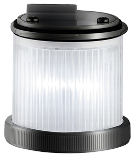 Zylindrische LED-Warn- und Blinkleuchte mit geriffelter transparenter Abdeckung, schwarzem Sockel und Anschlussgehäuse