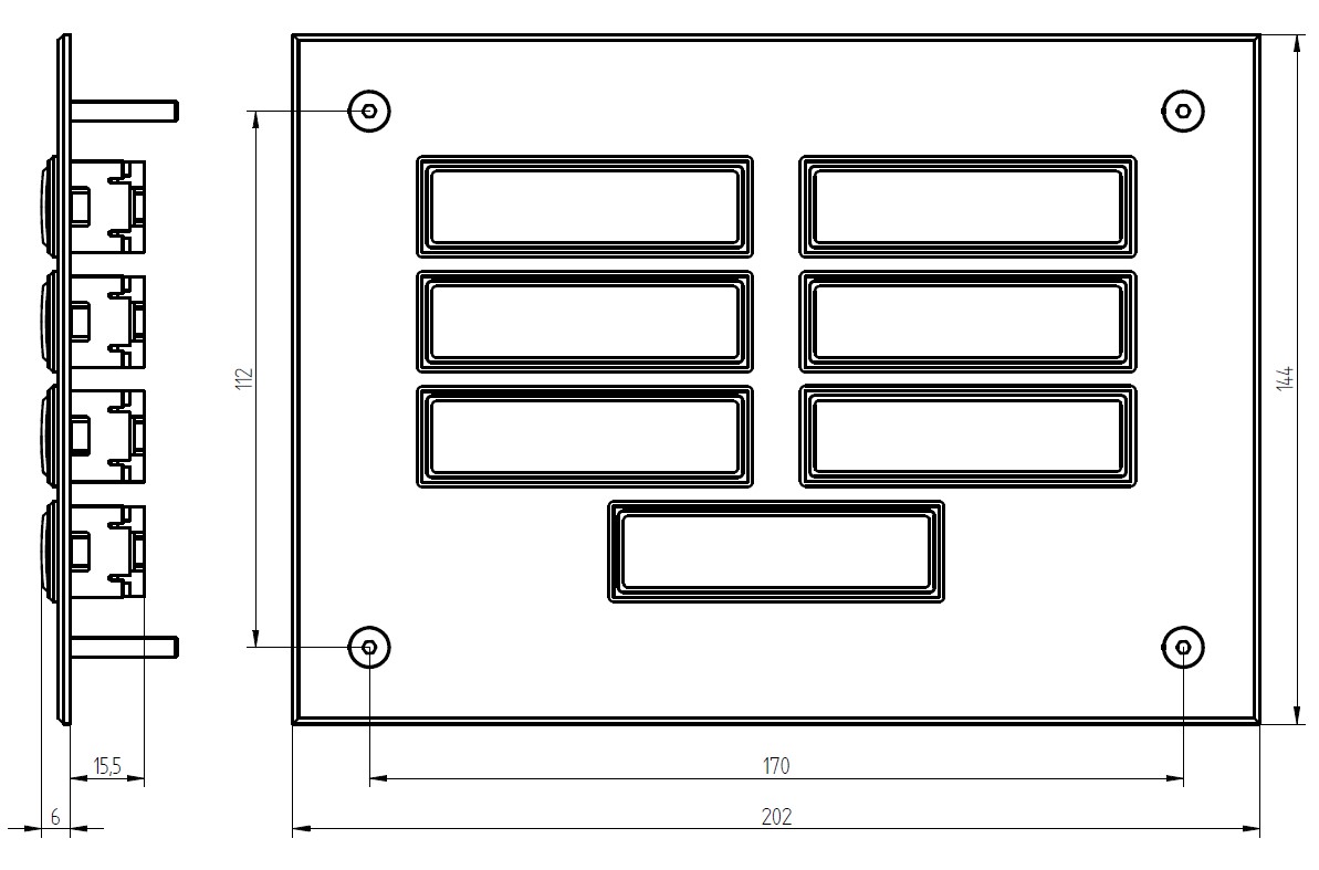 Etagenplatte mit sechs Namensfeldern und einem rotem Lichttaster unten, silber eloxiertes Aluminium, Frontalansicht.