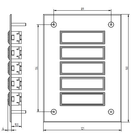 Rechteckige Etagenplatte mit fünf Namensfeldern und vier Schrauben, silber eloxierte Aluminiumplatte, Frontalansicht.