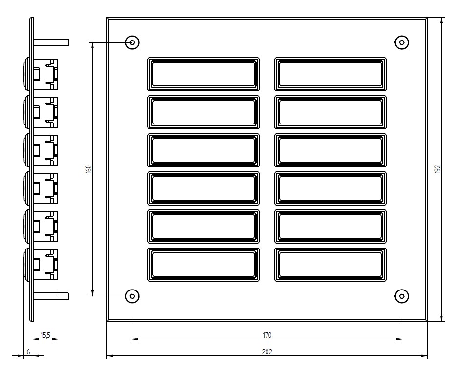 Etagenplatte mit zwölf rechteckigen Namensfeldern, silber eloxierte Aluminiumplatte, Frontalansicht.