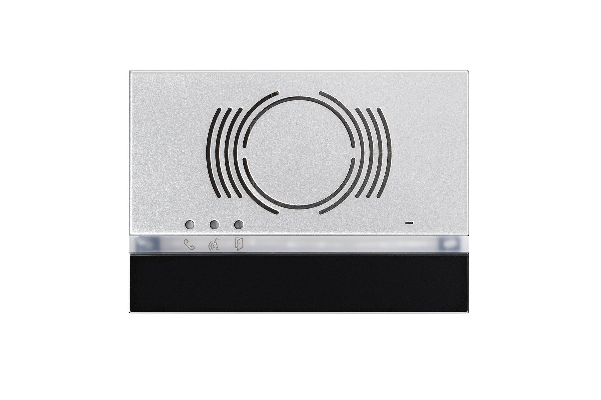 Audio-Türlautsprecher-Abdeckung in Silber mit runden Lautsprecherschlitzen, drei Status-LEDs und schwarzem Unterteil.