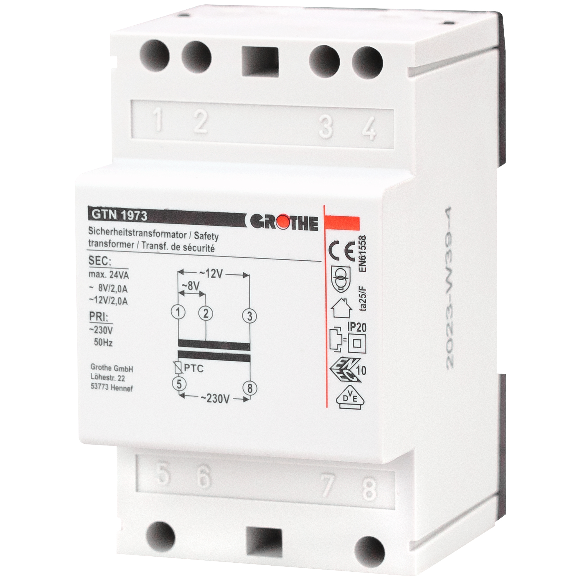 Sicherheitstransformator GTN 1973 von Grothe im Hutschienengehäuse mit Anschlussklemmen und Schaltbild in Schrägansicht