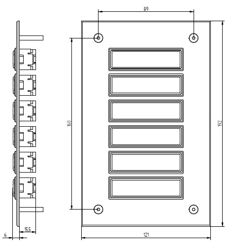 Rechteckige Etagenplatte mit sechs Namensfeldern und vier Schrauben, silber eloxierte Aluminiumplatte, Frontalansicht.