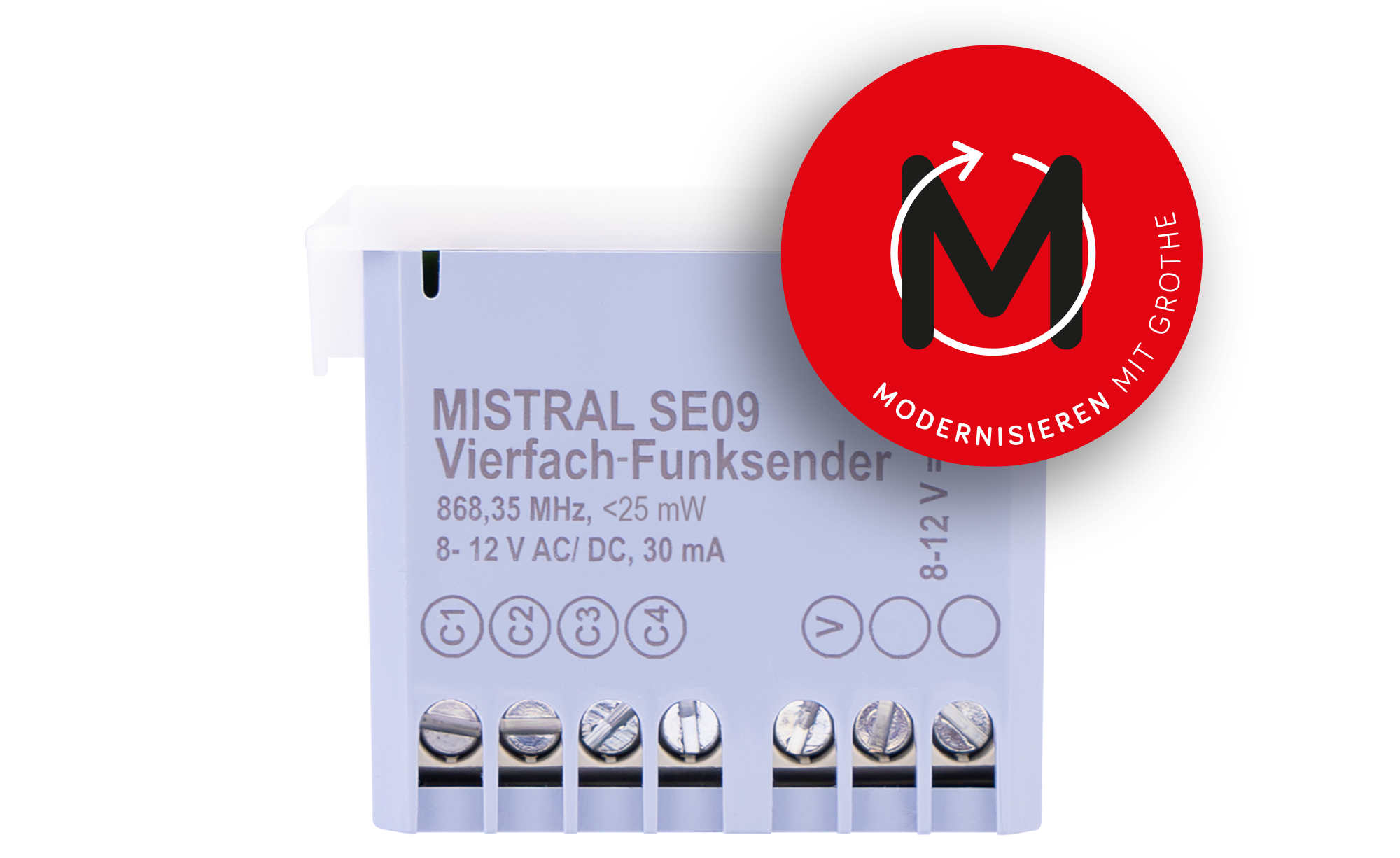 Vierfach-Funksender MISTRAL SE09, darüber das Patch "Modernisieren mit Grothe"