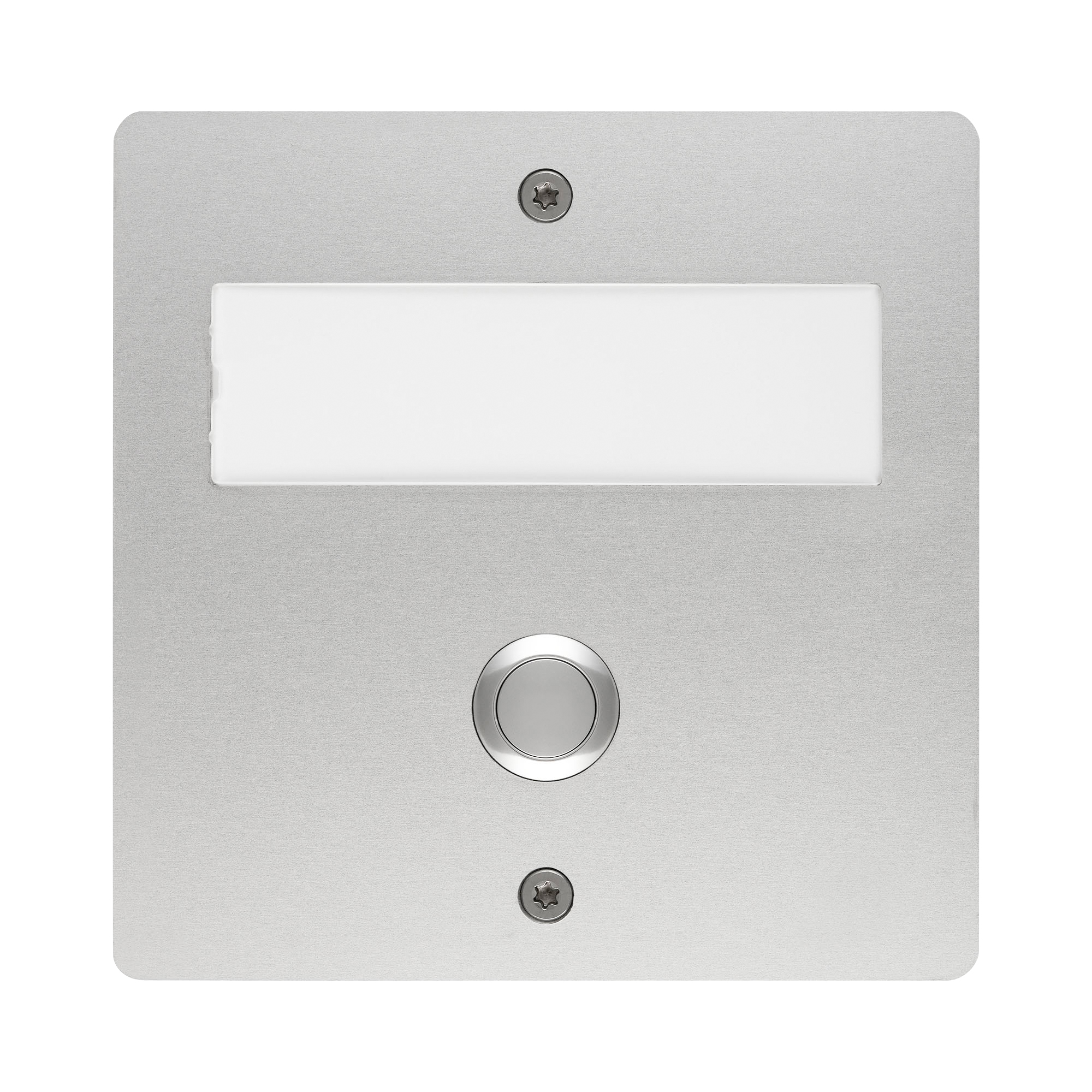 Quadratische Funk-Klingelplatte in Aluminium-Optik mit Namensfeld und runder Edelstahltaste, Frontalansicht.