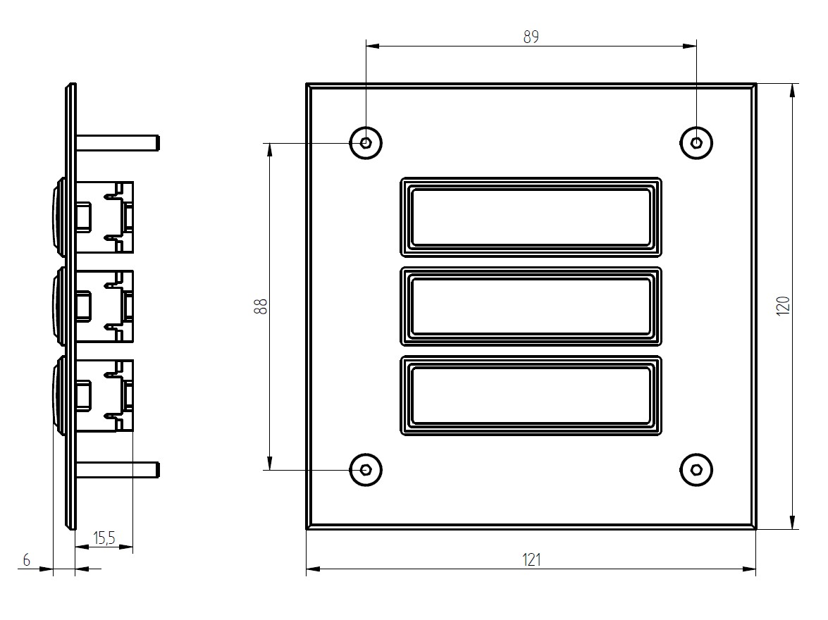 Rechteckige Etagenplatte mit drei Namensfeldern und vier Schrauben, silber eloxierte Aluminiumplatte, Frontalansicht.