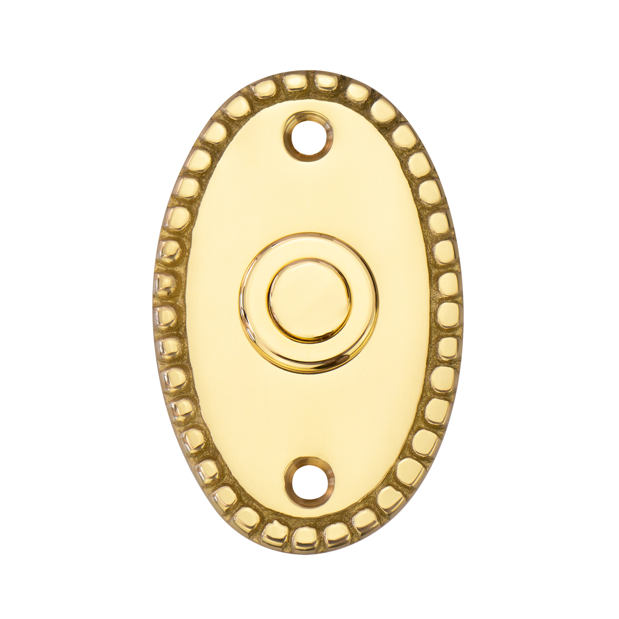 Ovaler Klingeltaster aus poliertem Messing mit verziertem Rand und zwei Bohrlöchern zur Befestigung, Frontansicht.