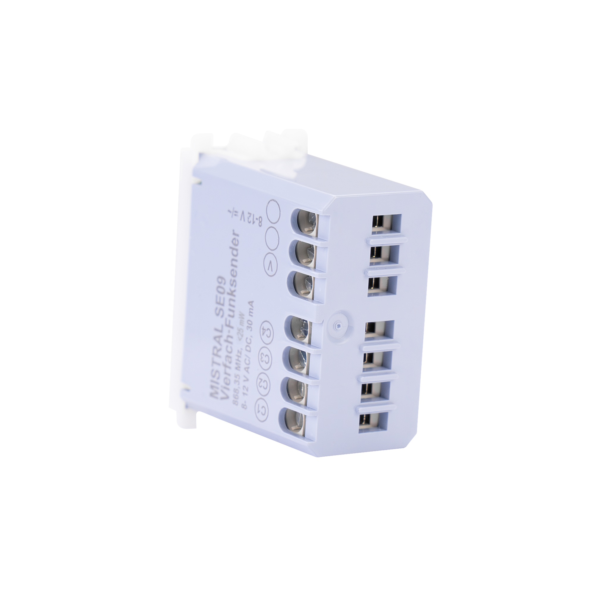 Funksender-Modul mit seitlicher Beschriftung „MISTRAL SE09“, pastelllilanes Gehäuse und weißen Anschlussklemmen.