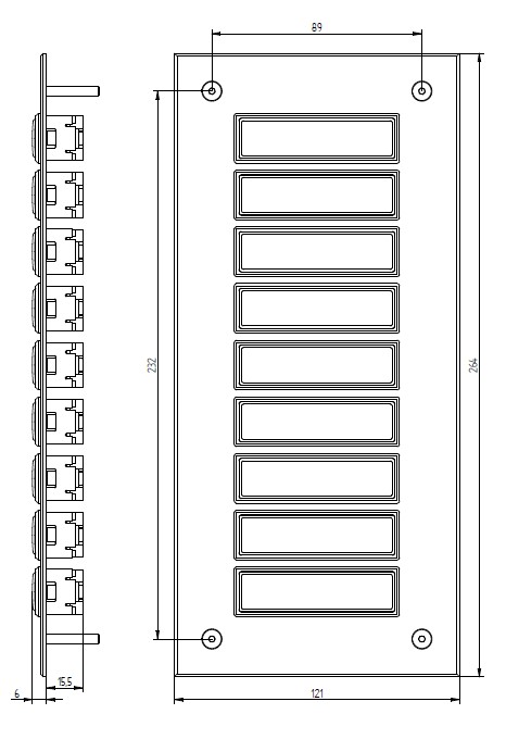 Rechteckige Etagenplatte mit neun Namensfeldern und vier Schrauben, silber eloxierte Aluminiumplatte, Frontalansicht.