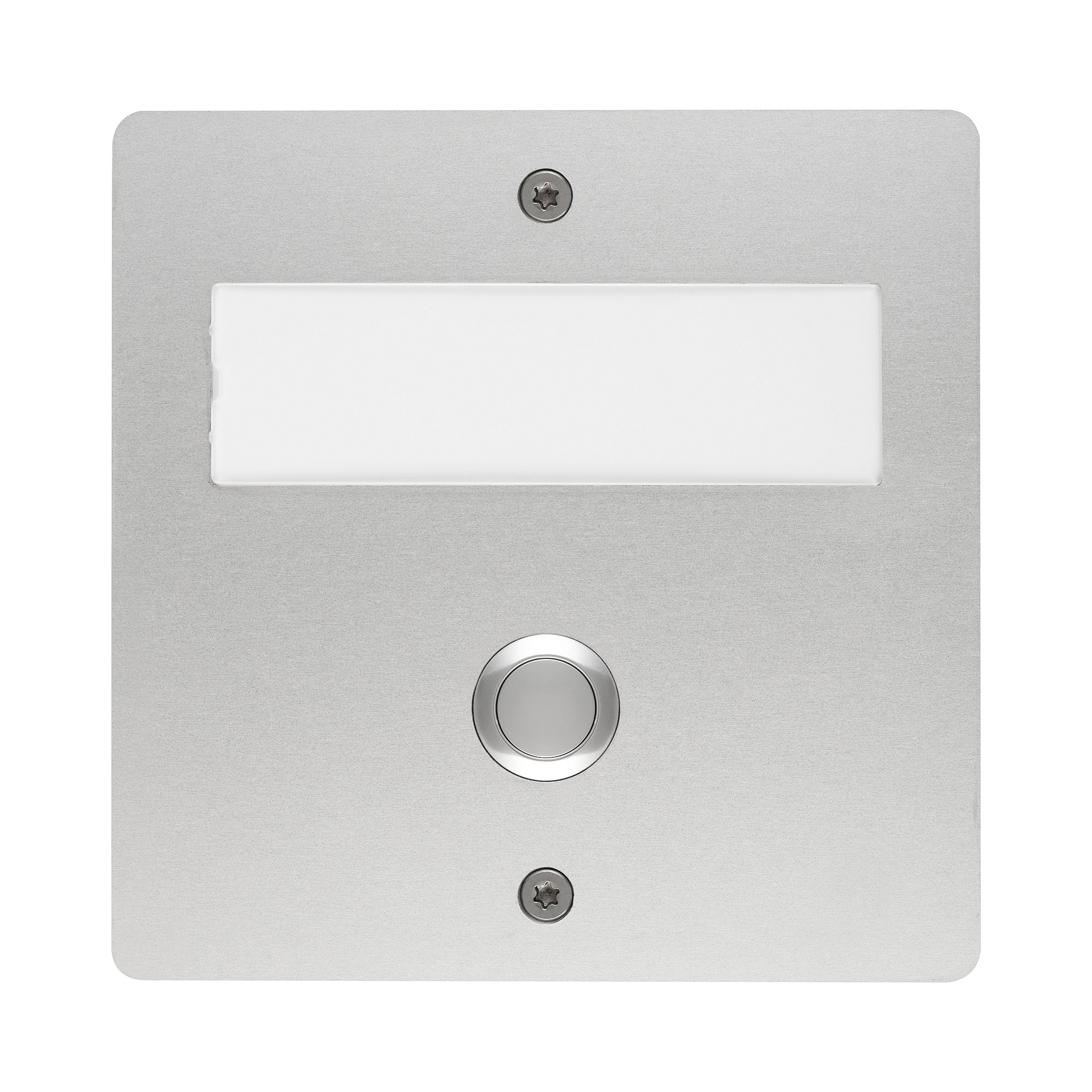 Quadratische Funk-Klingelplatte in Aluminium-Optik mit Namensfeld und runder Edelstahltaste, Frontalansicht.