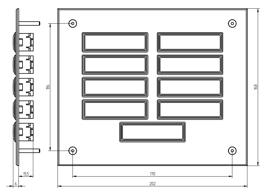 Etagenplatte mit acht Namensfeldern und einem rotem Lichttaster unten, silber eloxierte Aluminiumplatte, Frontalansicht.