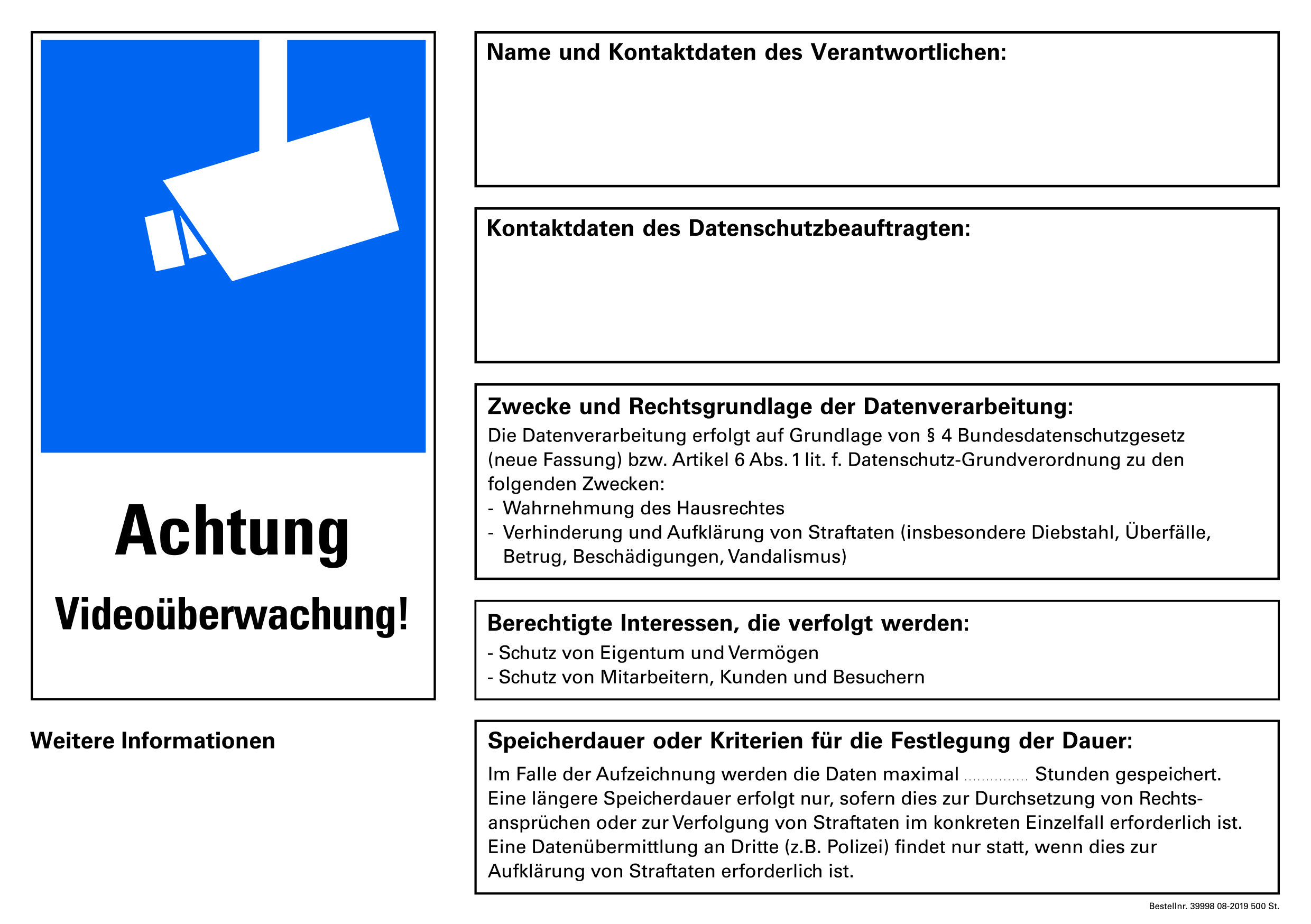 Hinweisaufkleber zur Videoüberwachung gemäß DSGVO mit Kamera-Symbol und Feldern für Kontakt- und Datenschutzinformationen
