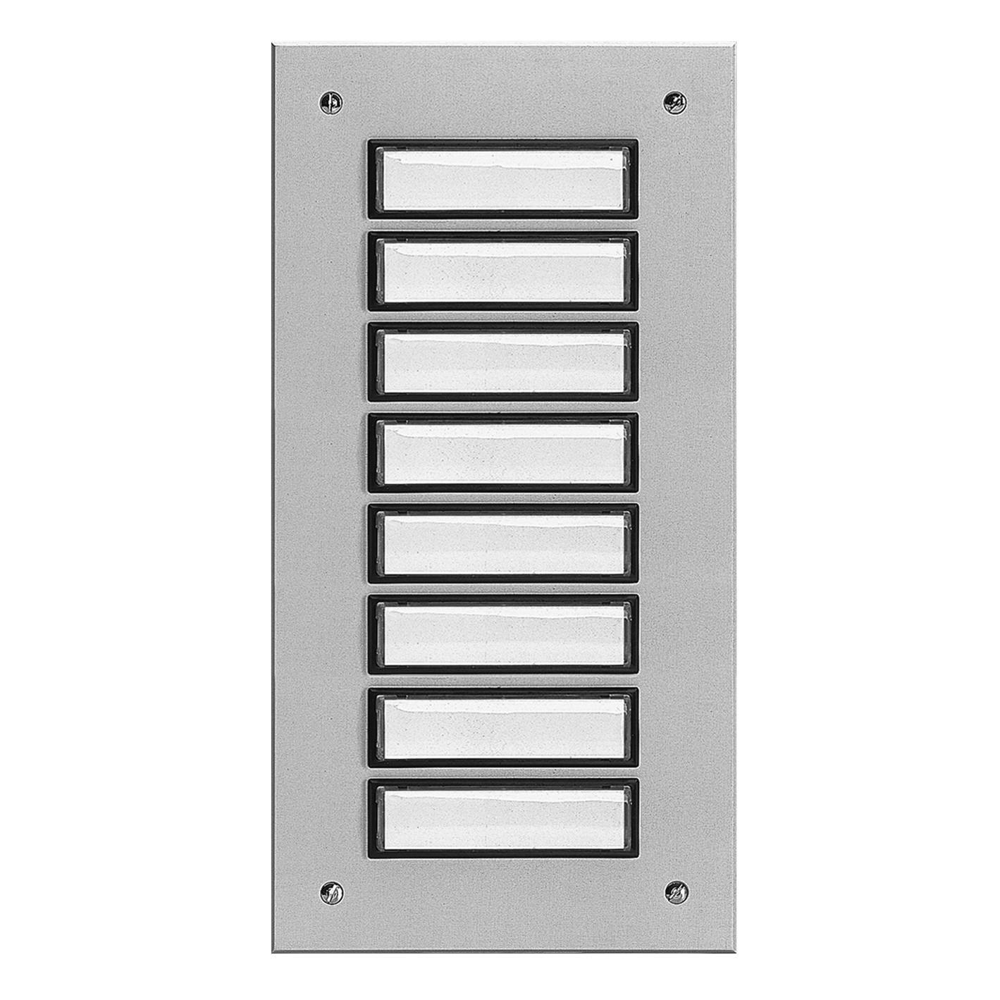 Rechteckige Etagenplatte mit acht Namensfeldern und vier Schrauben, silber eloxierte Aluminiumplatte, Frontalansicht.