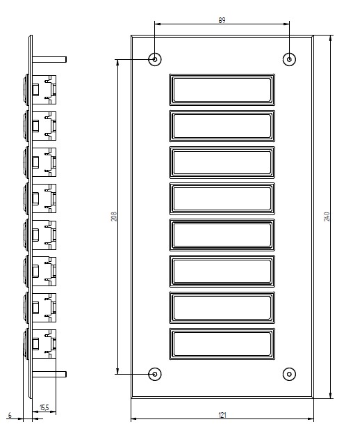 Rechteckige Etagenplatte mit acht Namensfeldern und vier Schrauben, silber eloxierte Aluminiumplatte, Frontalansicht.