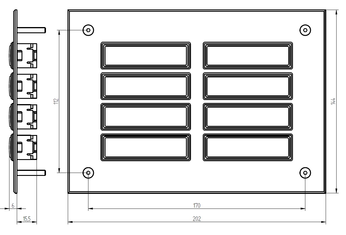 Etagenplatte mit acht Namensfeldern, silber eloxierte Aluminiumplatte, rechteckiges Design, Frontalansicht.