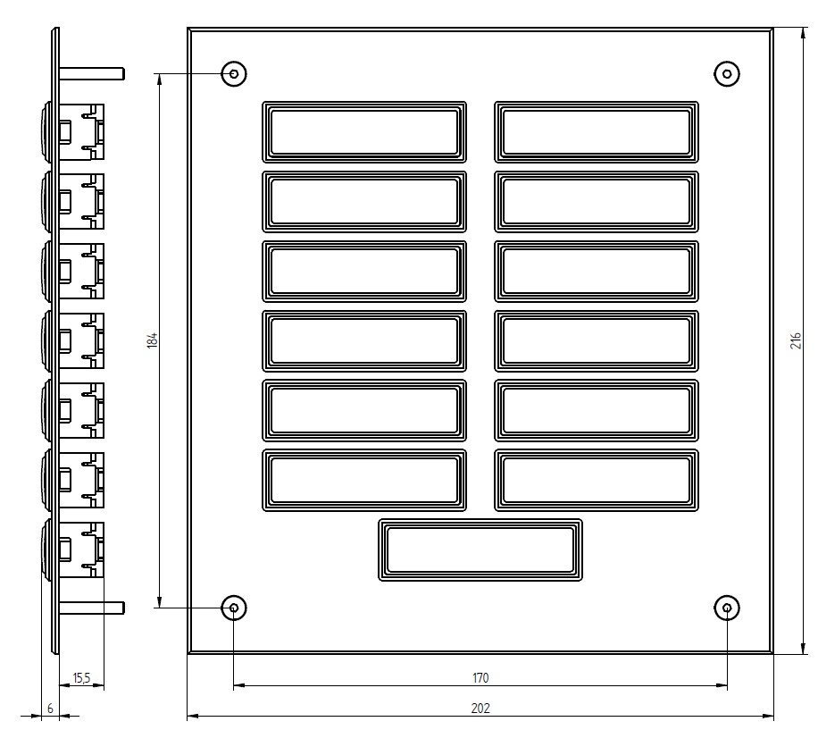 Etagenplatte mit zwölf Namensfeldern und einem rotem Lichttaster unten, silber eloxierte Aluminiumplatte, Frontalansicht.