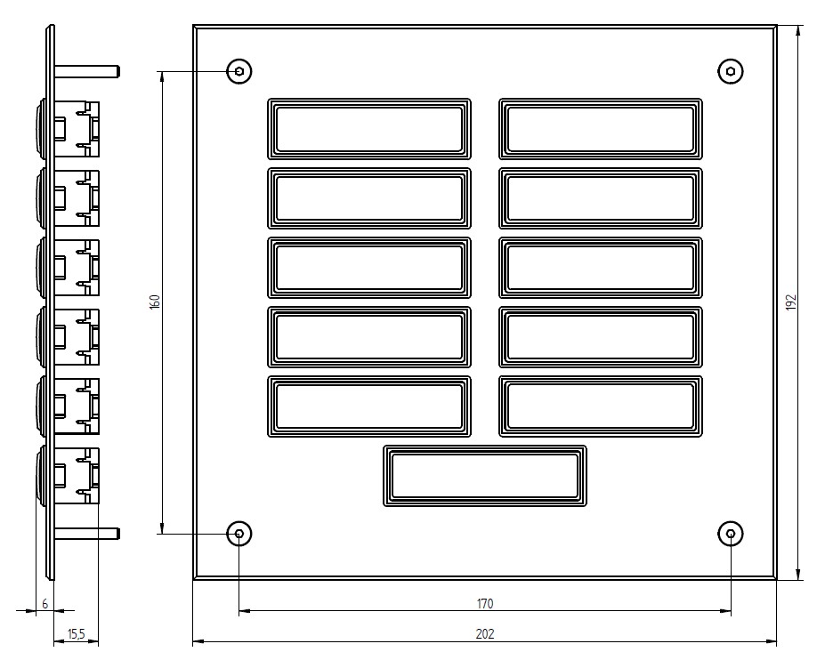 Etagenplatte mit zwölf Namensfeldern und einem rotem Lichttaster unten, silber eloxierte Aluminiumplatte, Frontalansicht.
